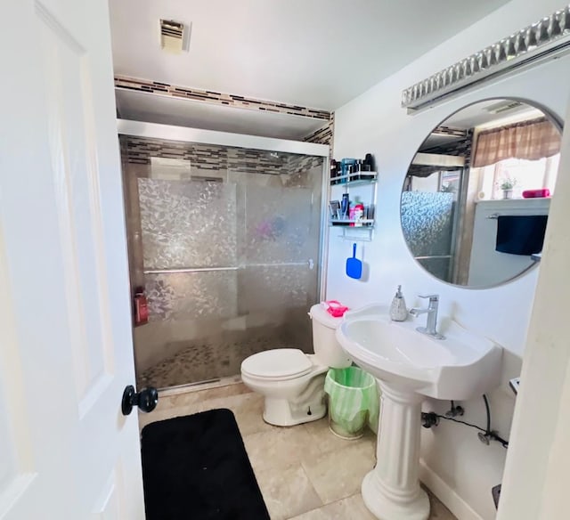 bathroom featuring toilet, a shower stall, and visible vents