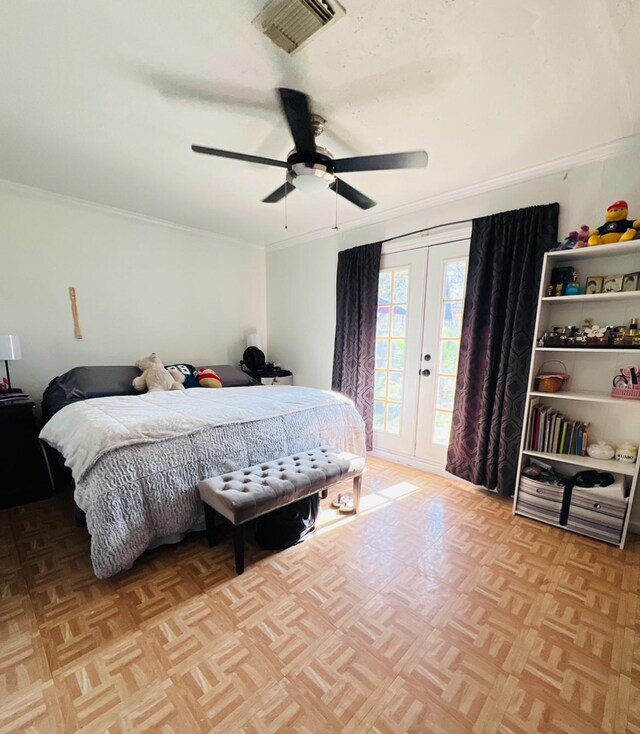 bedroom featuring access to exterior, ceiling fan, french doors, light parquet floors, and ornamental molding