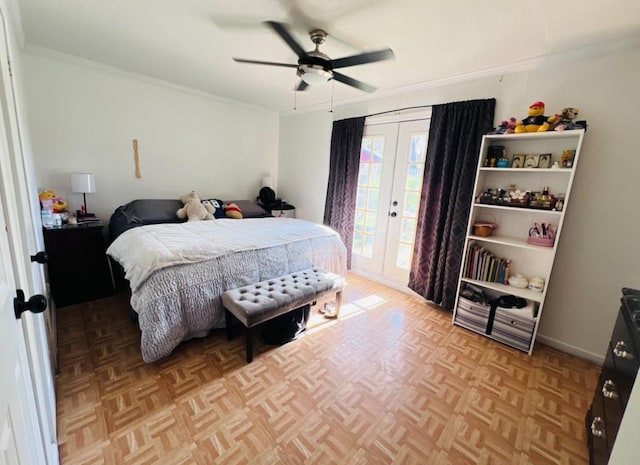 bedroom with ceiling fan, french doors, access to outside, and light parquet floors