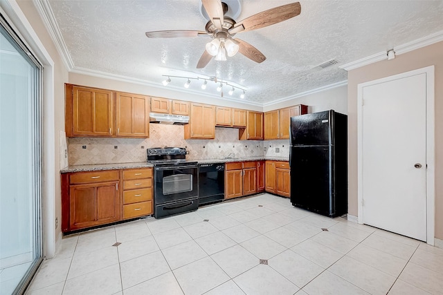 kitchen with a textured ceiling, black appliances, light tile patterned flooring, ceiling fan, and crown molding