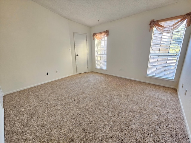 carpeted spare room featuring a textured ceiling and vaulted ceiling