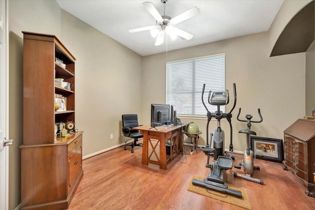 office space with light wood-type flooring and ceiling fan