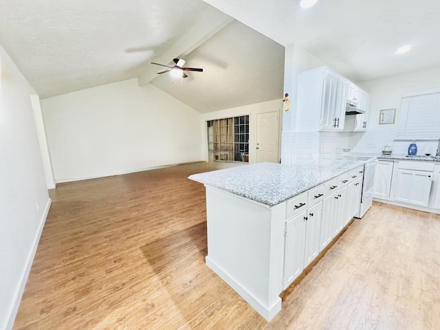 kitchen with decorative backsplash, lofted ceiling with beams, white electric range, light hardwood / wood-style floors, and white cabinetry