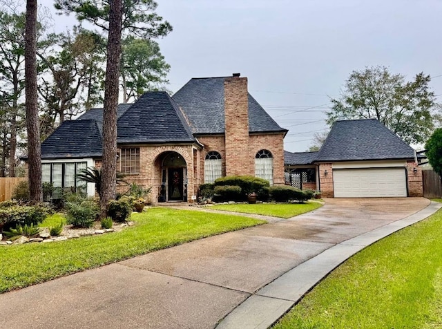 view of front of home featuring a front lawn and a garage