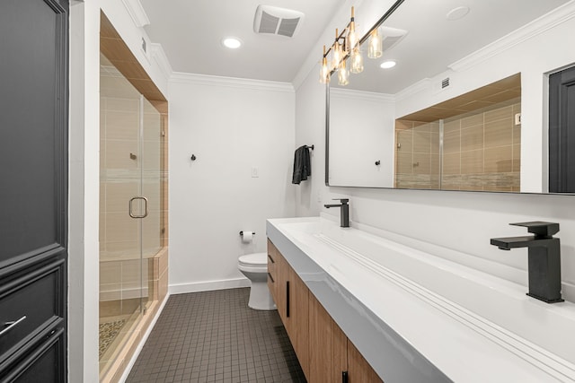 bathroom with toilet, vanity, walk in shower, tile patterned floors, and crown molding