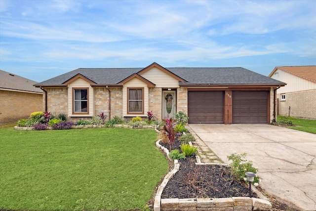 single story home with a garage and a front yard