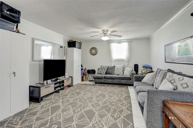 living room featuring a textured ceiling, ceiling fan, and crown molding