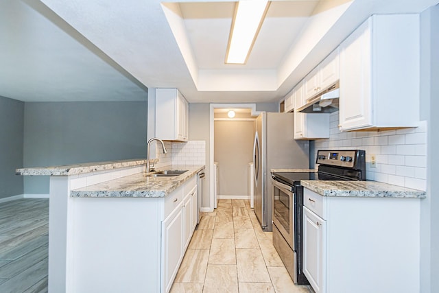 kitchen with appliances with stainless steel finishes, a breakfast bar, white cabinetry, sink, and kitchen peninsula