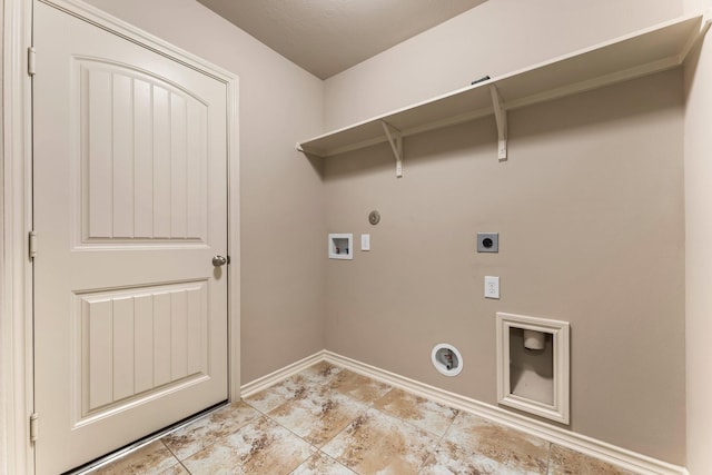 clothes washing area with hookup for a gas dryer, hookup for a washing machine, and electric dryer hookup