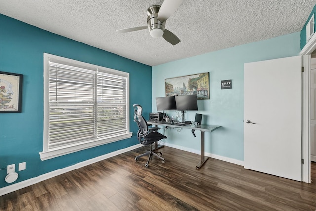 office with ceiling fan, dark hardwood / wood-style flooring, and a textured ceiling