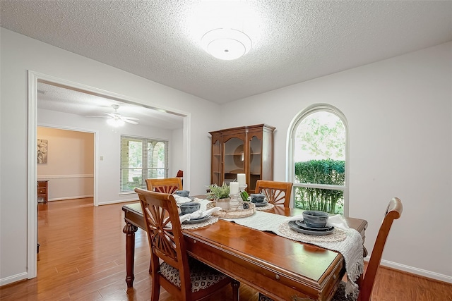 dining area with ceiling fan, wood-type flooring, and a textured ceiling