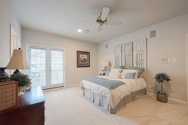 carpeted bedroom featuring ceiling fan and access to exterior