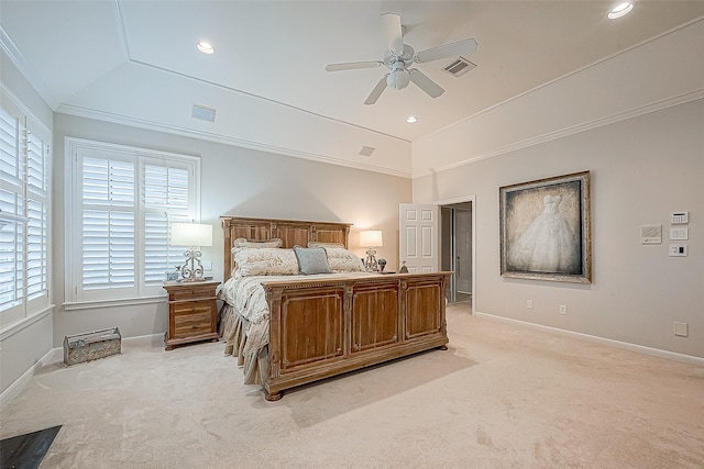 bedroom featuring ceiling fan, light colored carpet, ornamental molding, and vaulted ceiling