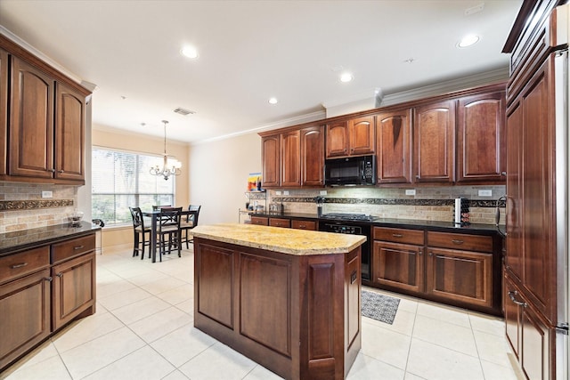 kitchen with backsplash, crown molding, pendant lighting, a chandelier, and a kitchen island