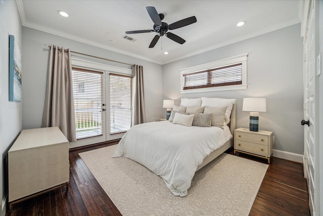 bedroom featuring access to outside, dark wood-type flooring, ceiling fan, and crown molding