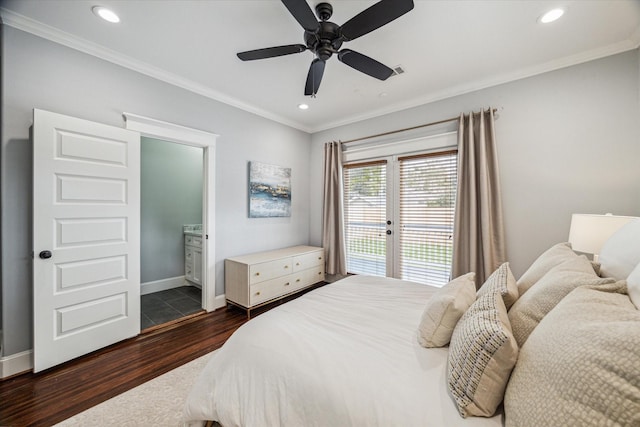 bedroom featuring ceiling fan, connected bathroom, crown molding, and dark hardwood / wood-style floors