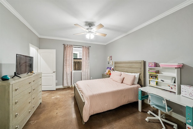 carpeted bedroom featuring ceiling fan and crown molding