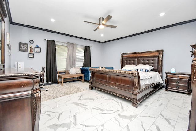 bedroom with ceiling fan and crown molding