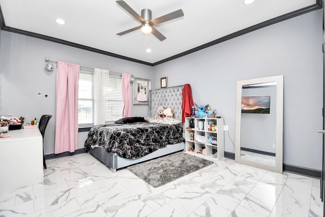 bedroom with ceiling fan and ornamental molding