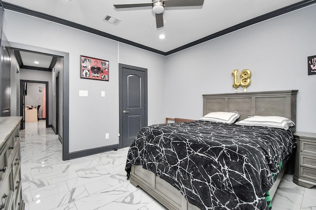 bedroom featuring ceiling fan and ornamental molding