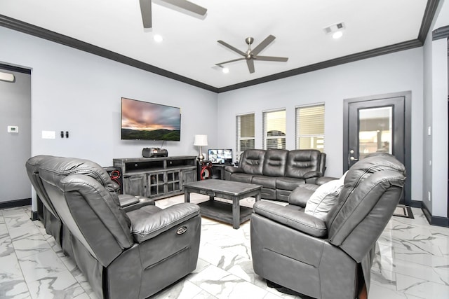 living room featuring ceiling fan and ornamental molding