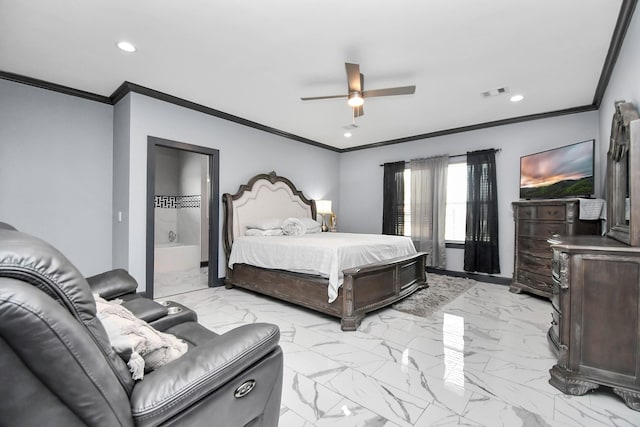 bedroom with ceiling fan and ornamental molding