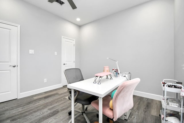 office featuring ceiling fan and dark wood-type flooring