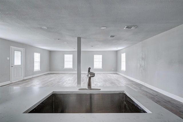 interior details featuring a textured ceiling and sink