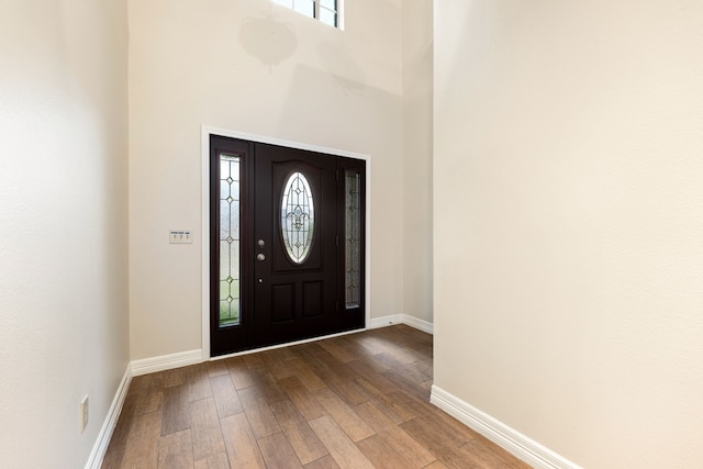 entrance foyer with hardwood / wood-style floors and a high ceiling