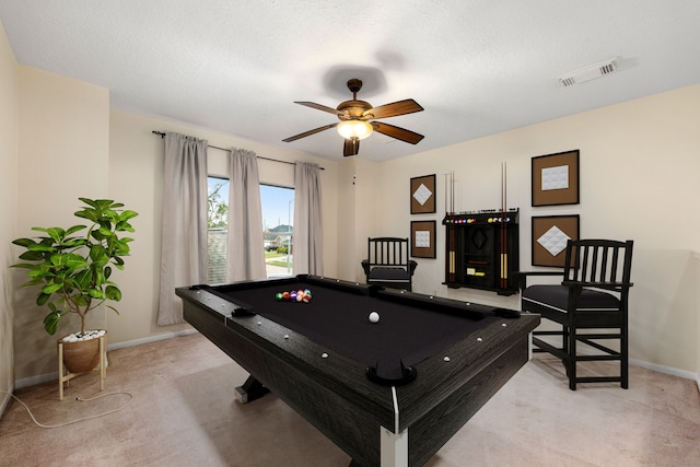 playroom with ceiling fan, light carpet, and pool table