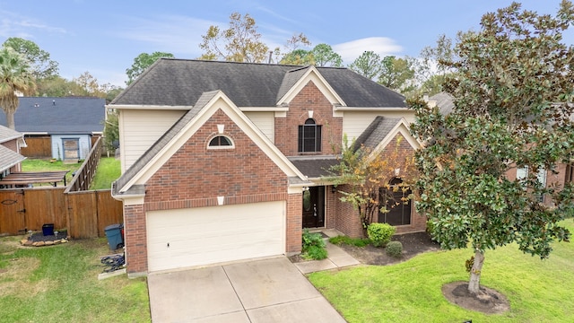 view of front of property featuring a front yard and a garage