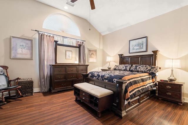 bedroom with ceiling fan, dark hardwood / wood-style floors, and lofted ceiling