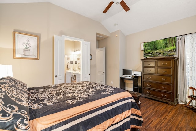 bedroom with ensuite bathroom, ceiling fan, lofted ceiling, and dark hardwood / wood-style floors