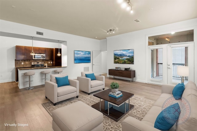 living room featuring light hardwood / wood-style flooring and track lighting