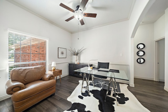 office area featuring ceiling fan, crown molding, and dark wood-type flooring