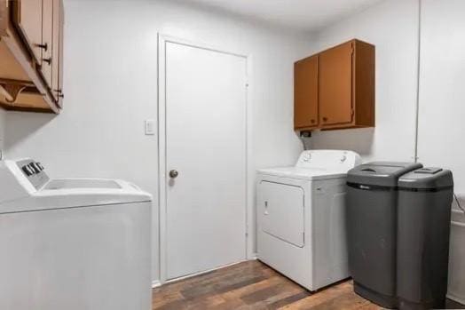 clothes washing area with cabinets, independent washer and dryer, and wood-type flooring