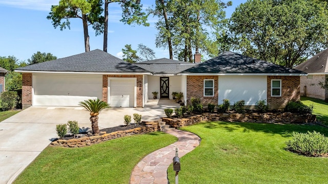 ranch-style house with a front lawn and a garage