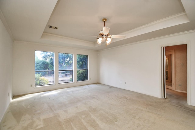 spare room featuring ceiling fan, a raised ceiling, light colored carpet, and crown molding