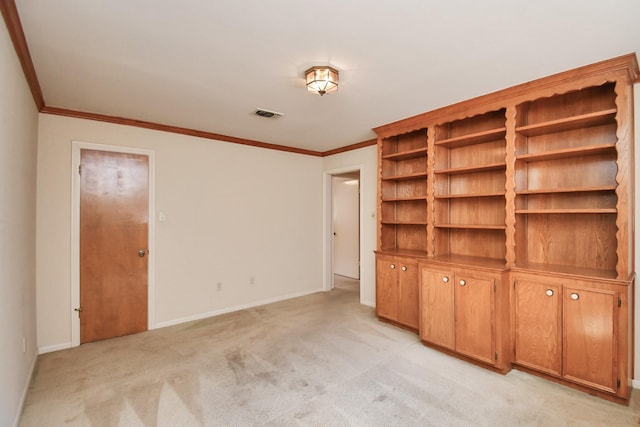 unfurnished living room with light carpet and ornamental molding