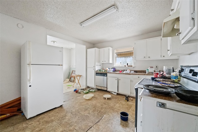 kitchen with electric range oven, a textured ceiling, dishwasher, white cabinetry, and white refrigerator