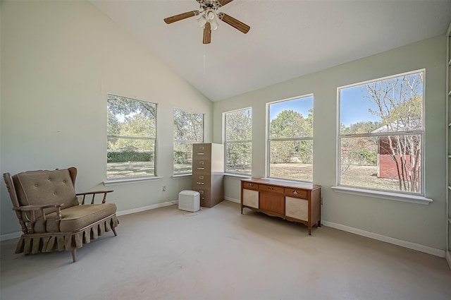 living area featuring ceiling fan, light colored carpet, and high vaulted ceiling