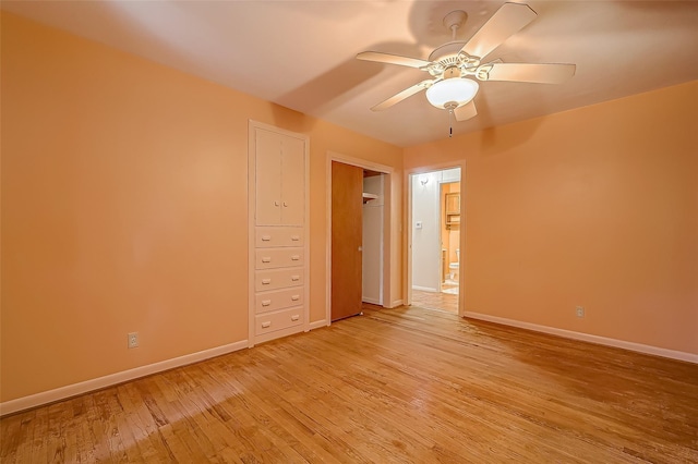 unfurnished bedroom featuring ceiling fan and light hardwood / wood-style flooring