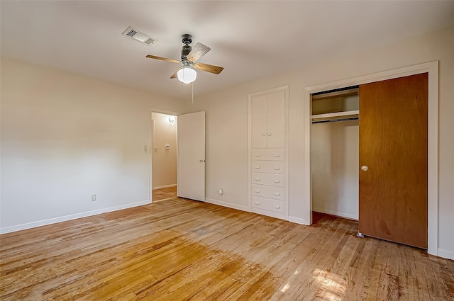 unfurnished bedroom with light wood-type flooring and ceiling fan