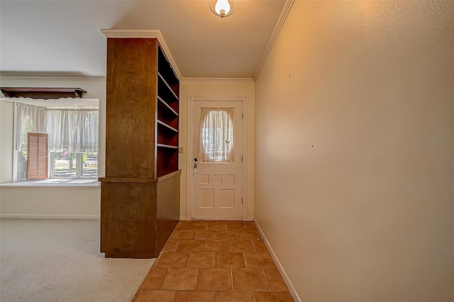 doorway to outside featuring light carpet and crown molding