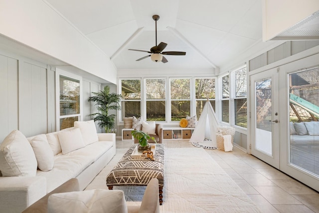 sunroom with french doors, vaulted ceiling, and ceiling fan