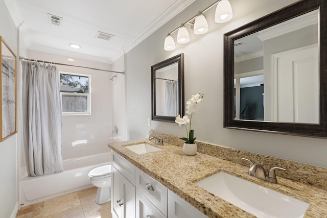 full bathroom with vanity, toilet, crown molding, and shower / tub combo with curtain