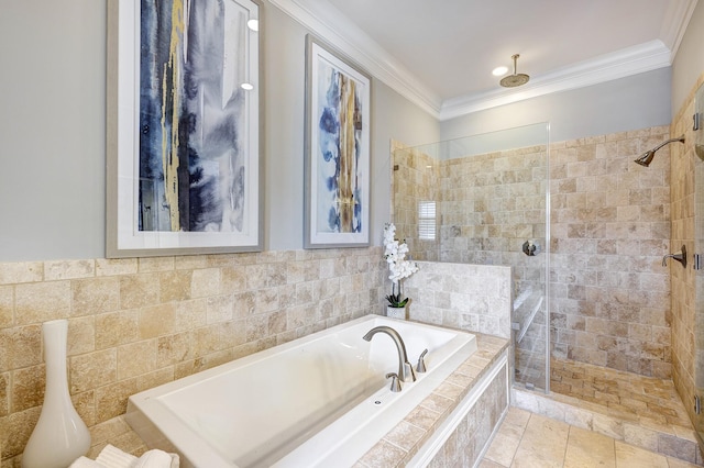 bathroom with plus walk in shower and ornamental molding