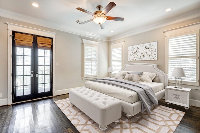 bedroom featuring french doors, ceiling fan, multiple windows, and access to outside