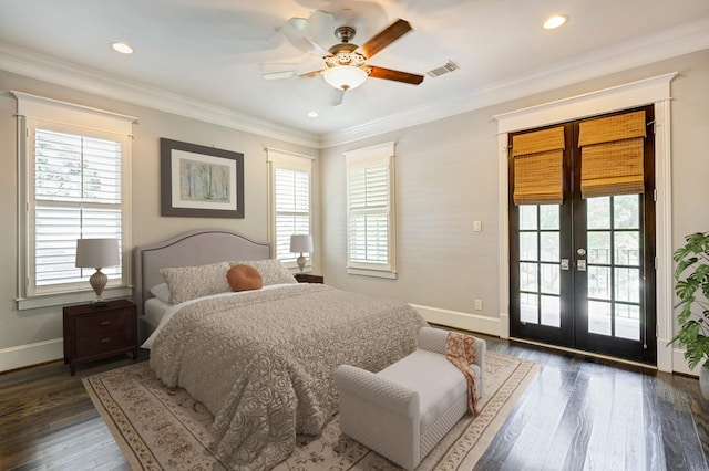 bedroom with french doors, dark wood-type flooring, crown molding, ceiling fan, and access to exterior