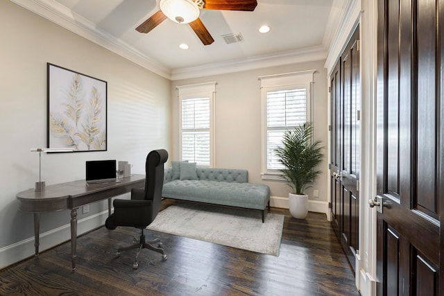 home office featuring crown molding, dark hardwood / wood-style floors, and ceiling fan